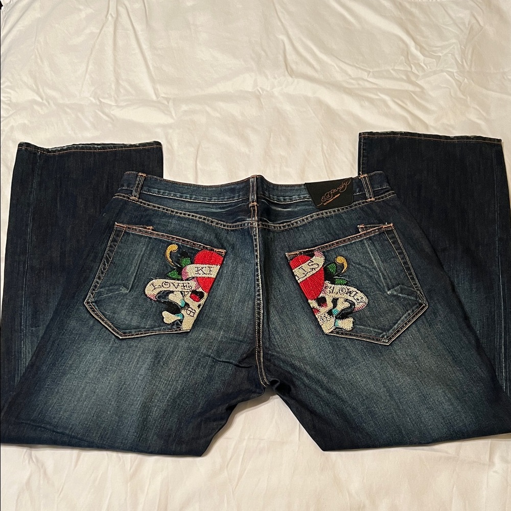 Ed Hardy Dark Blue Jeans with Colorful Embroidery